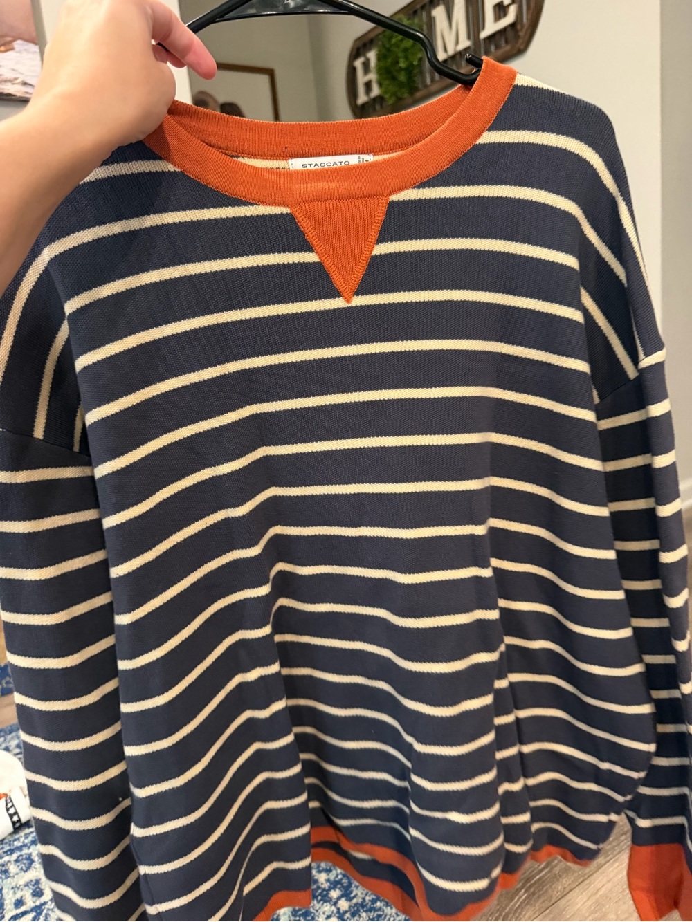 Staccato Navy and Cream Striped Crewneck Sweater with Orange Trim - Picture 3 of 3